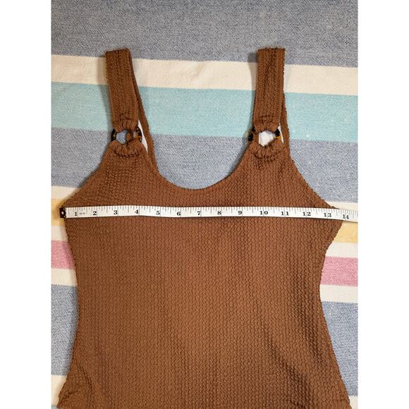 NWOT Brown Smocked One-Piece Swimsuit with Tortoise Ring Detail - Size S - Picture 4 of 6